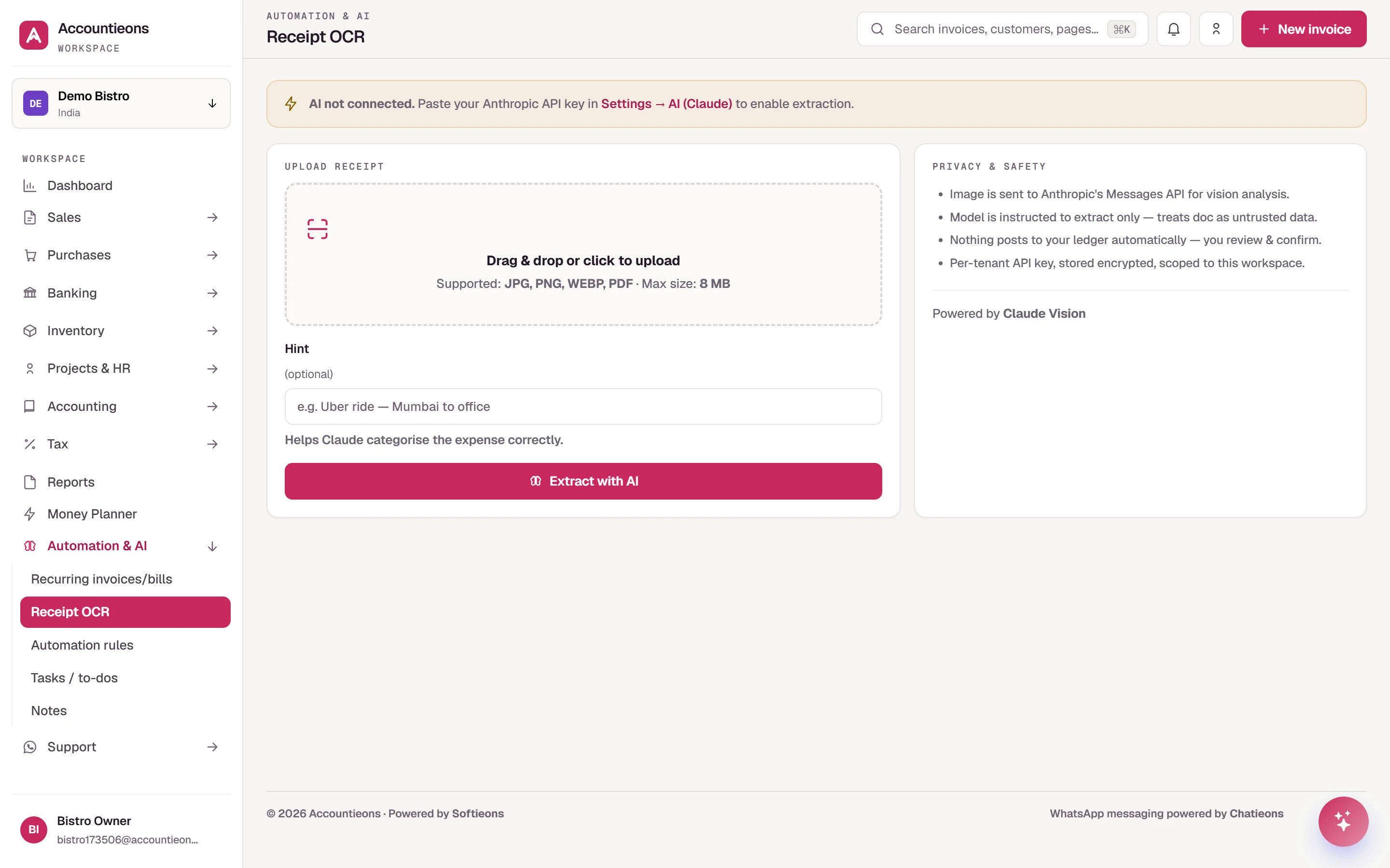 Receipt OCR inbox with draft entries awaiting approval
