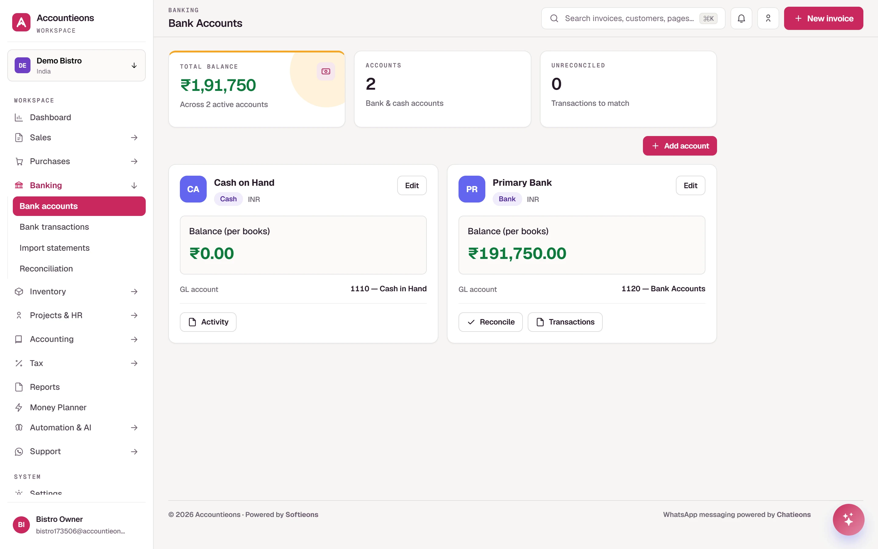 Bank accounts with book balance and reconciliation status
