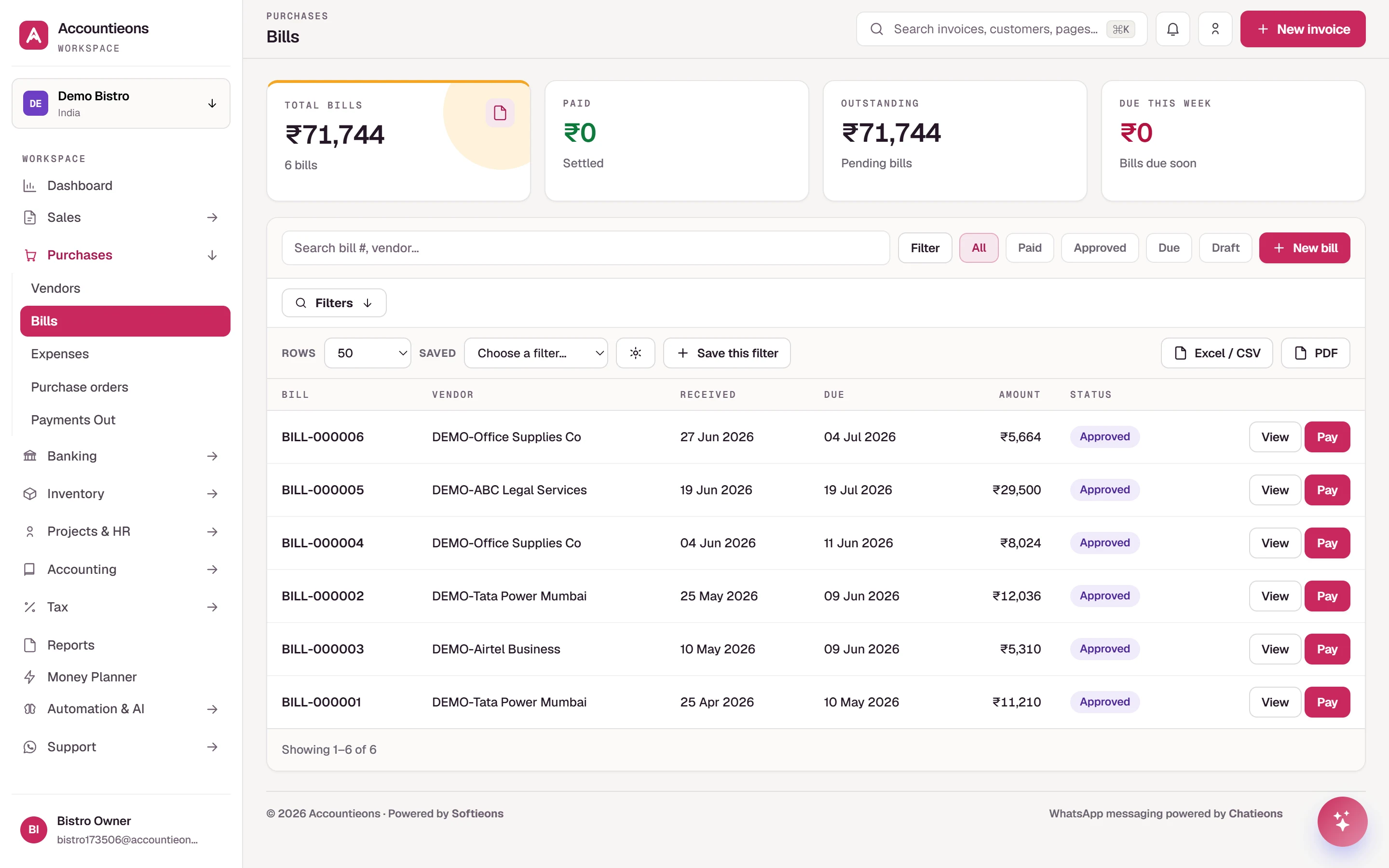 Bills listing and approval queue