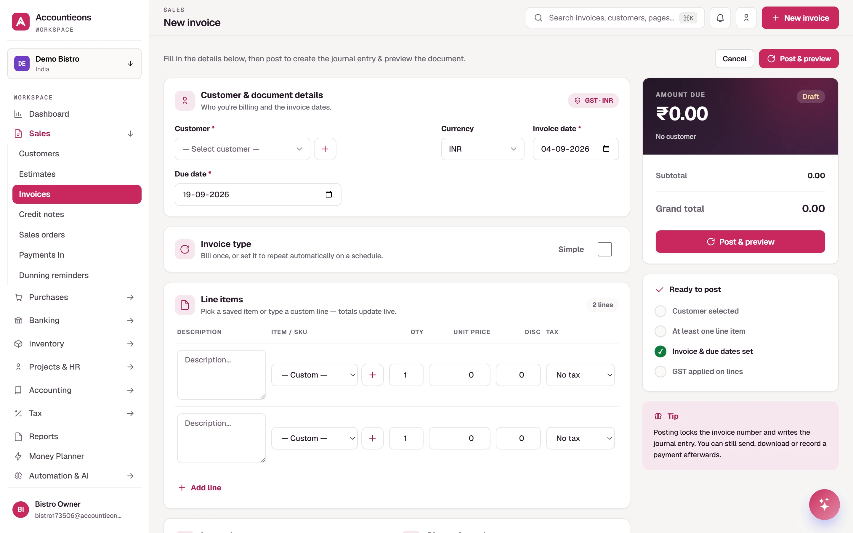 Invoice builder with a live GST split