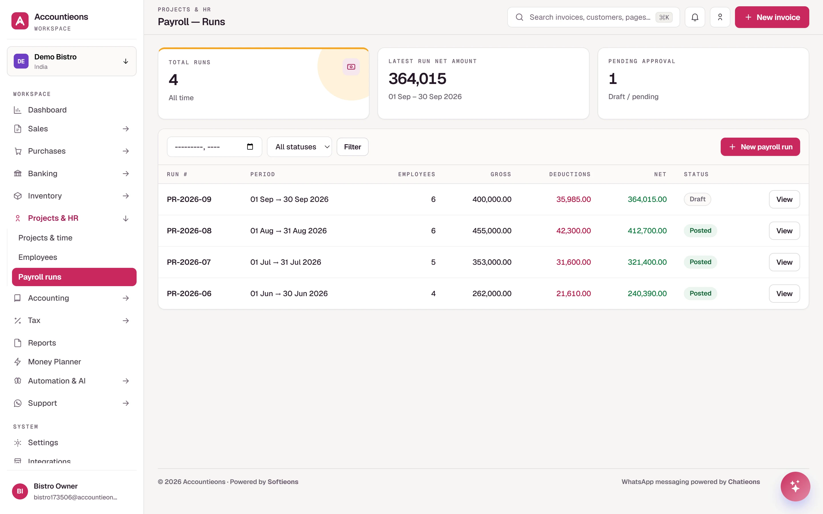 Payroll runs listing