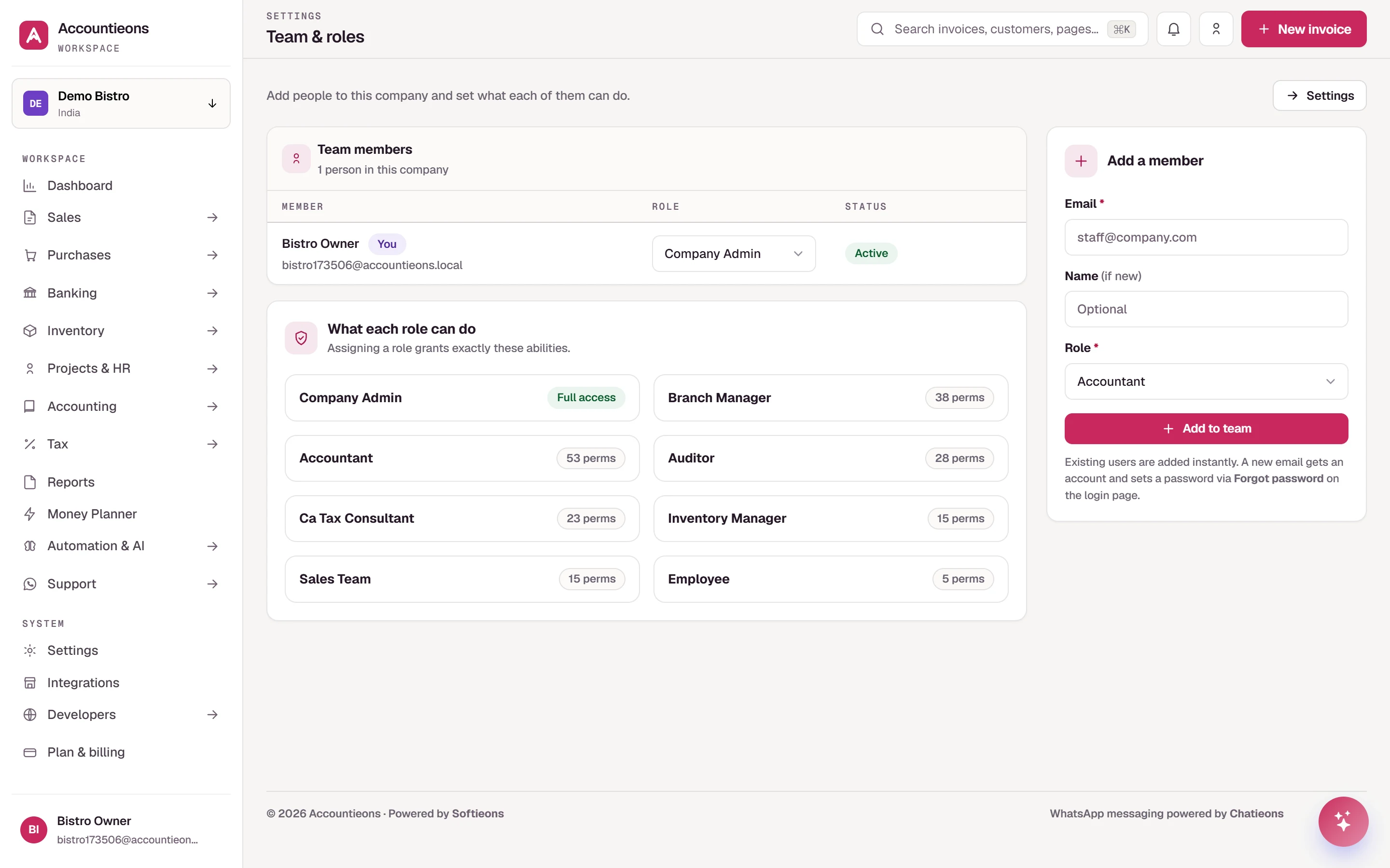 Team, roles and permissions matrix